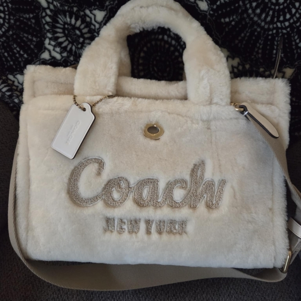 Coach Shearling Sherpa Cream Ivory Cargo Tote Bag Purse
